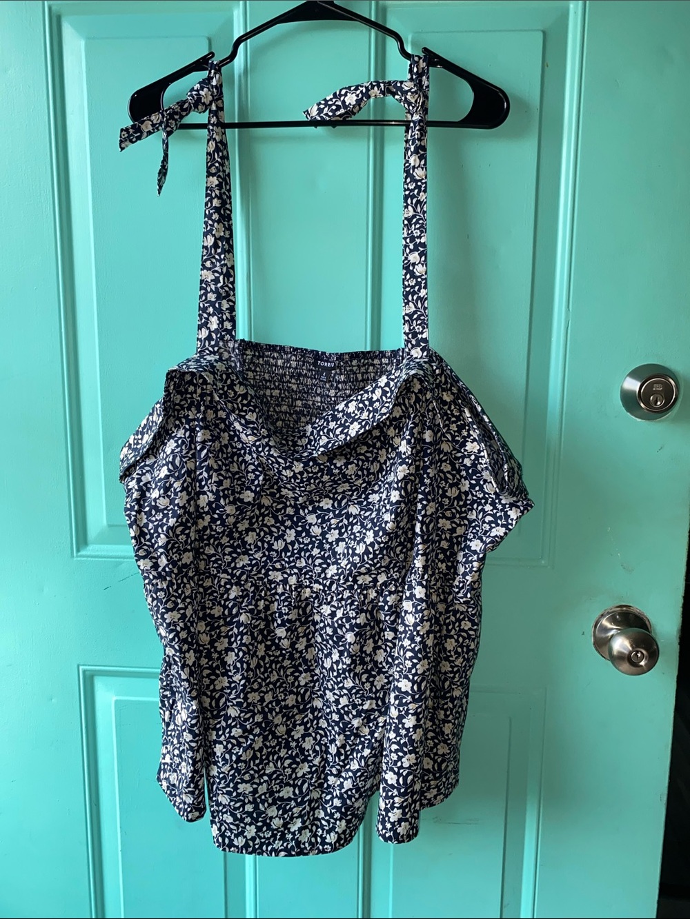 Torrid Navy Floral Poplin Peplum Tie Strap Top Plus Size